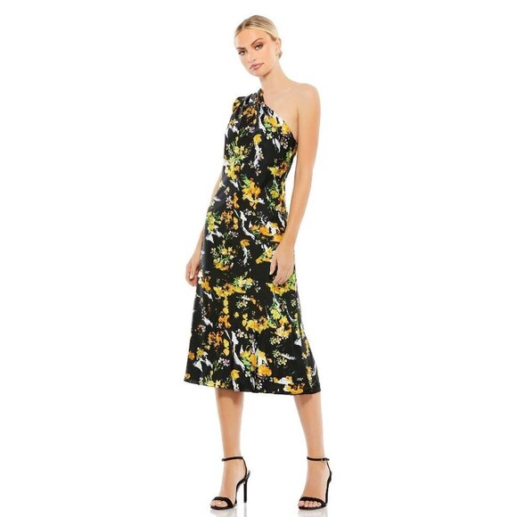 Mac Duggal 55630 Floral Print Draped One Shoulder Midi Dress Size 12 NWT - Picture 1 of 7